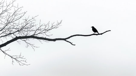 A bird stands still on a bare branch, set against a cloudy and foggy morning backdrop.の素材