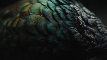 Detailed macro shot showing the rich colors and textures of bird feathers in natural light.の素材