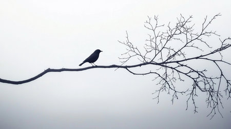 A bird perches on a bare branch against a foggy morning sky, creating a minimal serene scene.の素材