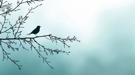 A solitary bird sits on a bare branch in soft fog, creating a tranquil and minimal scene at dawn.の素材
