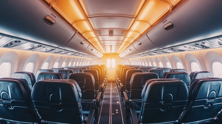 Spacious cabin airplane showcases empty rows of seats under warm, inviting lighting.の素材