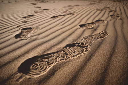 Footprints lead across a smooth sand dune, forming clean geometric patterns in the sunlit landscape.の素材