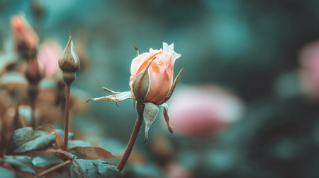 A rose bud stands out with soft petals, showing natural beauty and intricate details in a garden.の素材