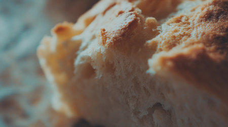 This close-up shows a golden brown crust of a freshly baked bread loaf, focusing on its texture and details.の素材