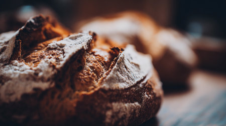A detailed look at a golden brown loaf of rustic bread resting on a wooden table, showing its texture.の素材