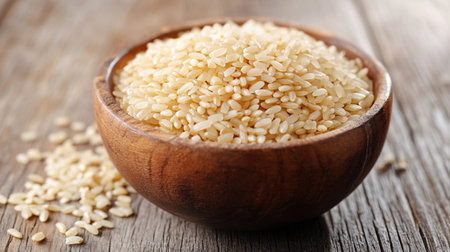 A wooden bowl filled with uncooked rice sits on a rustic wooden surface.の素材