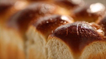 A beautifully baked loaf displays a golden brown surface with a glossy finish. The texture invites a closer look.の素材