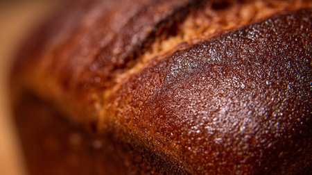 A macro view reveals the golden crust and detailed texture of freshly baked bread in soft natural light.の素材