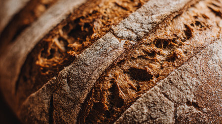 Rustic golden brown bread displays a textured crust with deep grooves and a warm, inviting color in a cozy kitchen.の素材