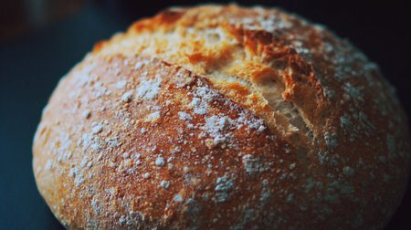 Close-up of a golden brown bread loaf showing its crusty surface and flour dusting details.の素材