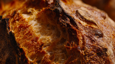 The close-up reveals the golden brown crust and soft interior of freshly baked bread.の素材