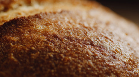 Close-up shot reveals the golden brown crust of freshly baked artisan bread, highlighting its texture and warmth.の素材