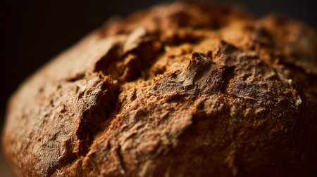 Richly textured crust of rustic bread shows golden brown hues under natural light.の素材