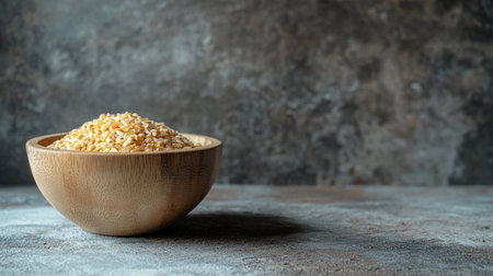 Wooden bowl filled with rice sits on a rustic surface, showing simplicity and natural textures.の素材