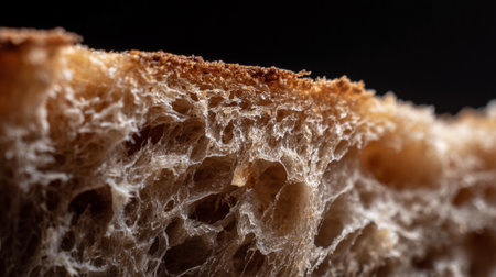 Detailed view of toasted bread showing its crispy texture and airy structure in natural light.の素材