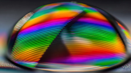 Colorful light shows through a water droplet, creating a stunning diffraction effect on a dark surface.の素材