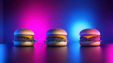 Three delicious burgers sit on a glossy surface illuminated by colorful studio lights, highlighting their freshness.の素材