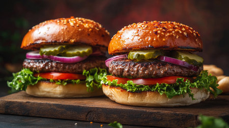 Delicious burgers with lettuce, tomato, onions, and pickles presented on a wooden board under vibrant lights.の素材