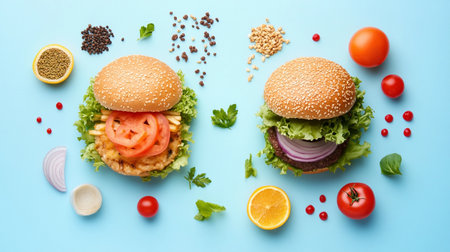 Two delicious burgers sit on fresh greens with colorful toppings and herbs arranged around them on a blue surface.の素材