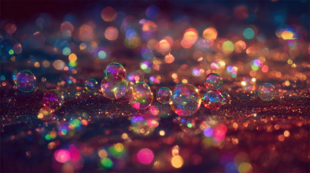 Bubbles scatter vibrant colors and reflections on a dark surface during a close-up.の素材
