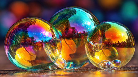 Three soap bubbles refract sunlight, showing vibrant colors and reflections of the surrounding environment.の素材