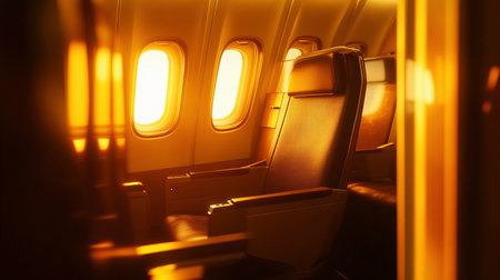 Sunlight streams through the windows of an airplane cabin, highlighting empty seats during golden hour.の素材