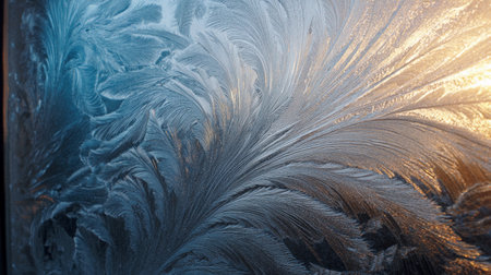 Frost forms an intricate design on the window, creating a beautiful natural display in the cold morning light.の素材