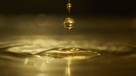 Honey drips gently from above, creating ripples in warm-toned liquid below, capturing a moment of nature's beauty.の素材