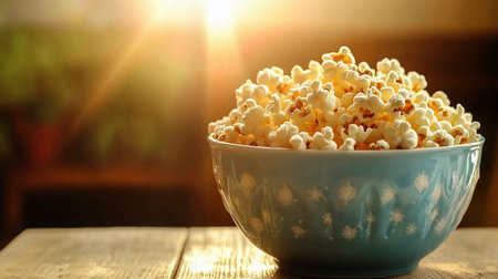 A bowl of fresh popcorn rests on a wooden table, illuminated by warm sunlight, creating a cozy atmosphere.の素材