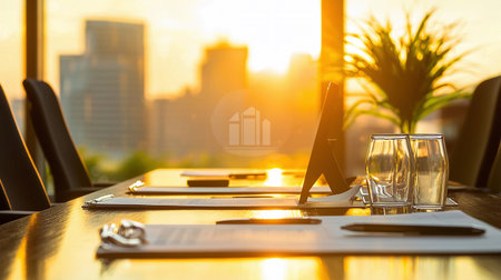 A meeting space is arranged with minimal items, as soft light filters through large windows during sunset.の素材