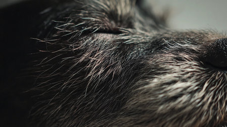 Fine strands of dog hair captured in macro view highlight texture and depth in soft natural light.の素材