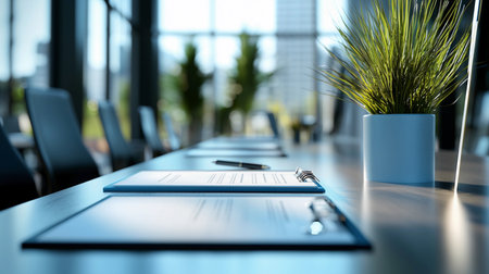 A long table is prepared for a meeting, featuring papers and a plant, bathed in soft, natural light.の素材