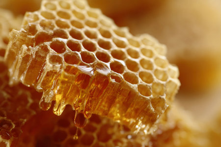 Delicate hexagonal honeycomb displays golden honey flowing in a rich texture, showing nature's sweetness.の素材