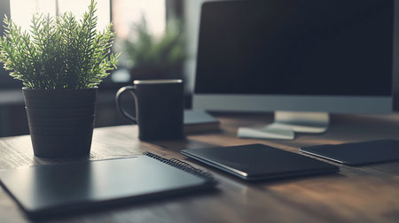 Soft light fills the room where a meeting setup includes stationery and a plant on the table.の素材