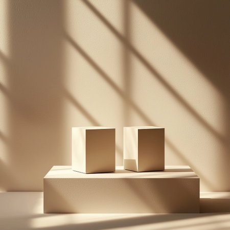 Soft shadows create an elegant atmosphere around two cream-colored cubes on a light pedestal.の素材
