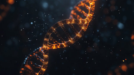 A glowing double helix DNA structure is set against a dark backdrop, highlighting its complexity and beauty.の素材