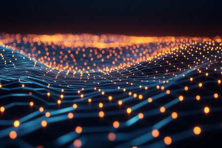 A stunning digital landscape with glowing dots on a network, resembling waves in a dark setting.の素材