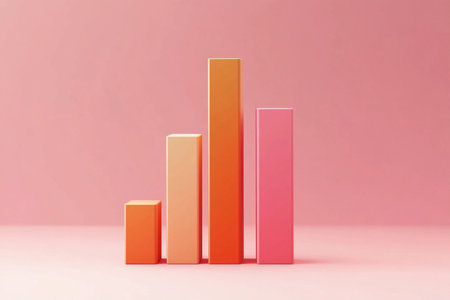 Bright bar graph in different shades displays data trends against a light pink backdrop.の素材