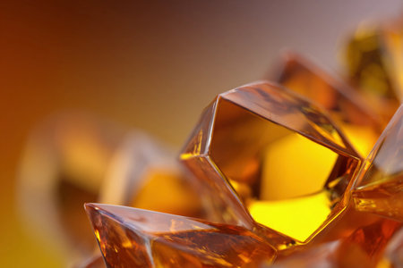 Close-up view of amber crystals showcasing their rich color and intricate shapes while reflecting light.の素材