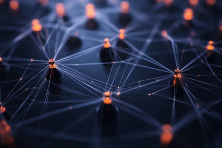 Glowing nodes connected by lines create a digital network design against a dark background.の素材