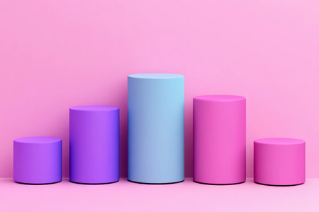 Unique shapes in various colors stand in a creative arrangement on a soft pink surface.の素材