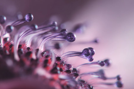Delicate purple filaments emerge from a plant, showing intricate details in soft lighting.の素材