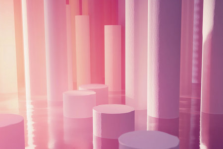 Soft pastel pillars rise from a reflective surface, creating a calm and dreamy atmosphere in vibrant colors.の素材
