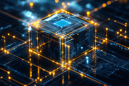 A glowing computer chip is placed on a dark circuit board with bright electric connections shining around it.の素材