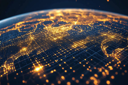 A vibrant depiction of Earth's connectivity, highlighting illuminated network nodes across continents at night.の素材