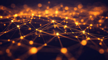 Bright connections form an intricate pattern across a dark background, showing technology and design.の素材