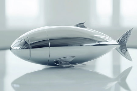 Shiny fish sculpture made of metal rests on a table in a well-lit indoor space showcasing modern design.の素材