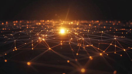 Bright connections form a web of networks, symbolizing the flow of information in technology.の素材