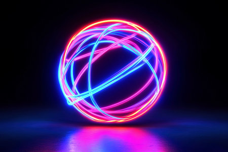 A vibrant orb of neon lights is glowing in the darkness, creating a mesmerizing effect.の素材
