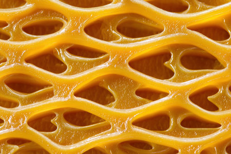 Close-up of honeycomb revealing its unique shape and texture crafted by bees in their hive.の素材